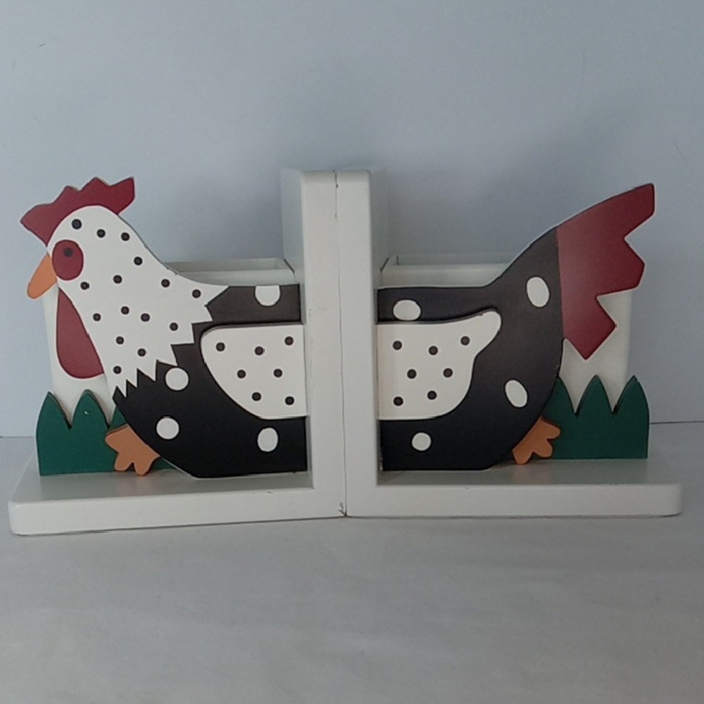 Farmhouse Whimsical Chicken Cookbook Bookends  Pen Spoon Catch All Holders